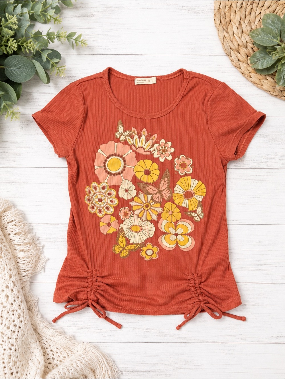 🌻Beautees Girls Floral Butterfly Ruched Side Ribbed Top Size L (14)